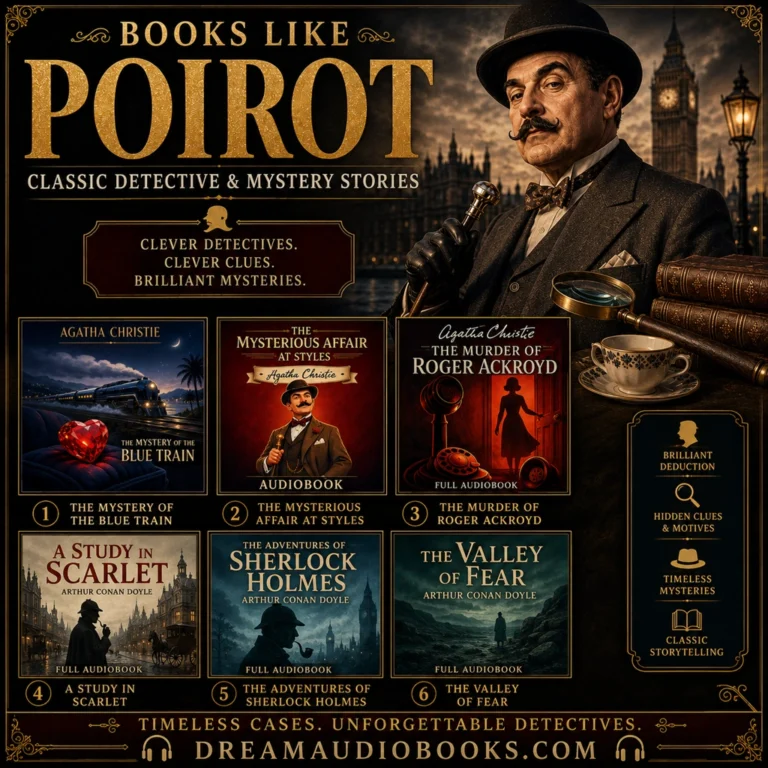 Books like Poirot cover featuring The Mystery of the Blue Train, The Mysterious Affair at Styles, The Murder of Roger Ackroyd, A Study in Scarlet, The Adventures of Sherlock Holmes, and The Valley of Fear