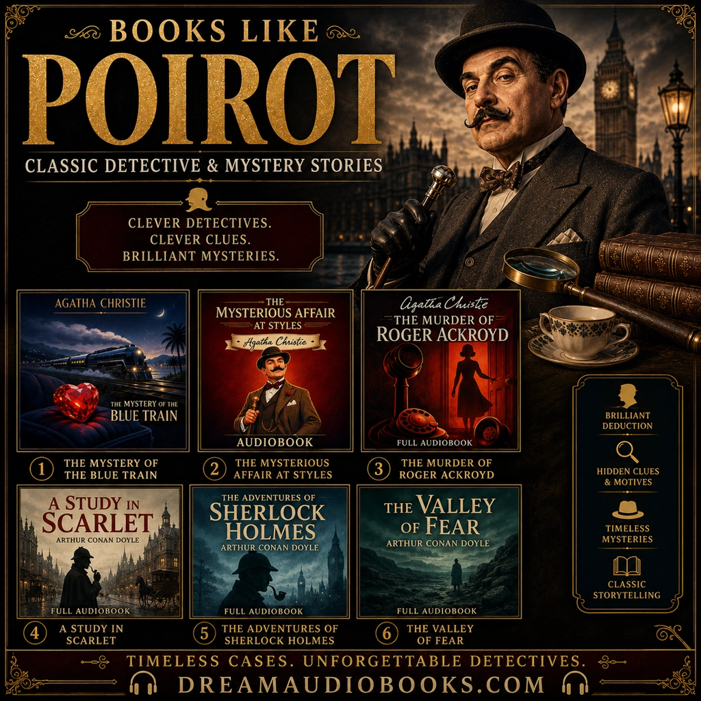Books like Poirot cover featuring The Mystery of the Blue Train, The Mysterious Affair at Styles, The Murder of Roger Ackroyd, A Study in Scarlet, The Adventures of Sherlock Holmes, and The Valley of Fear