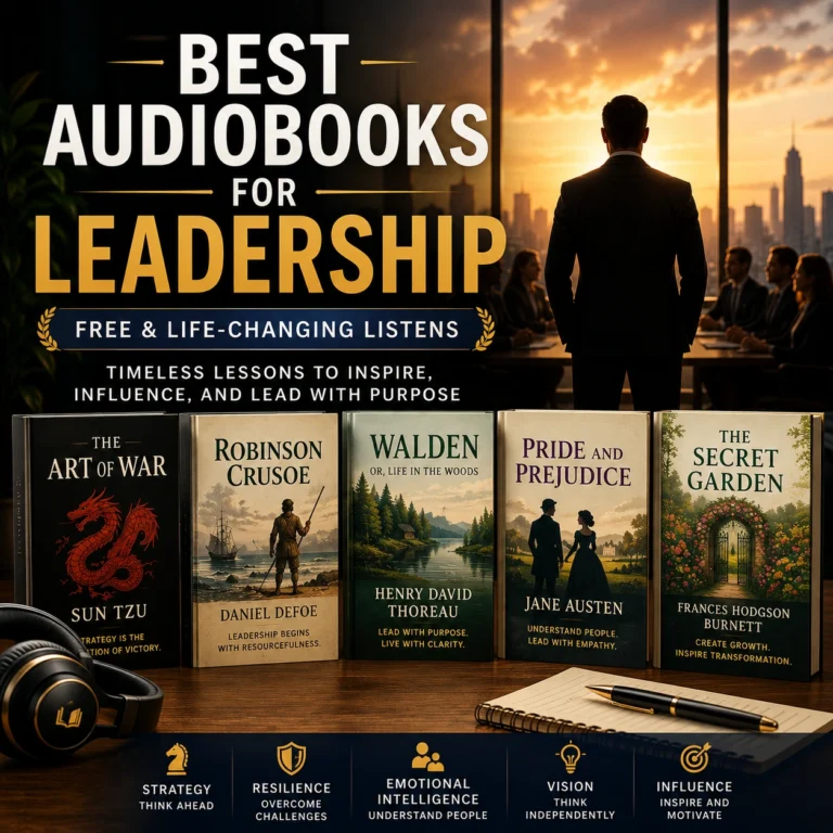 Best audiobooks for leadership cover featuring The Art of War, Robinson Crusoe, Walden, Pride and Prejudice, and The Secret Garden audiobook covers