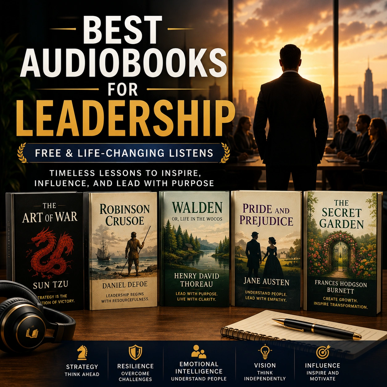 Best audiobooks for leadership cover featuring The Art of War, Robinson Crusoe, Walden, Pride and Prejudice, and The Secret Garden audiobook covers