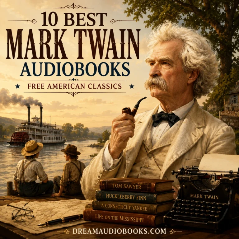 10 Best Mark Twain Audiobooks cover featuring Mark Twain, the Mississippi River, Tom Sawyer, Huckleberry Finn, a steamboat, and classic American literature.
