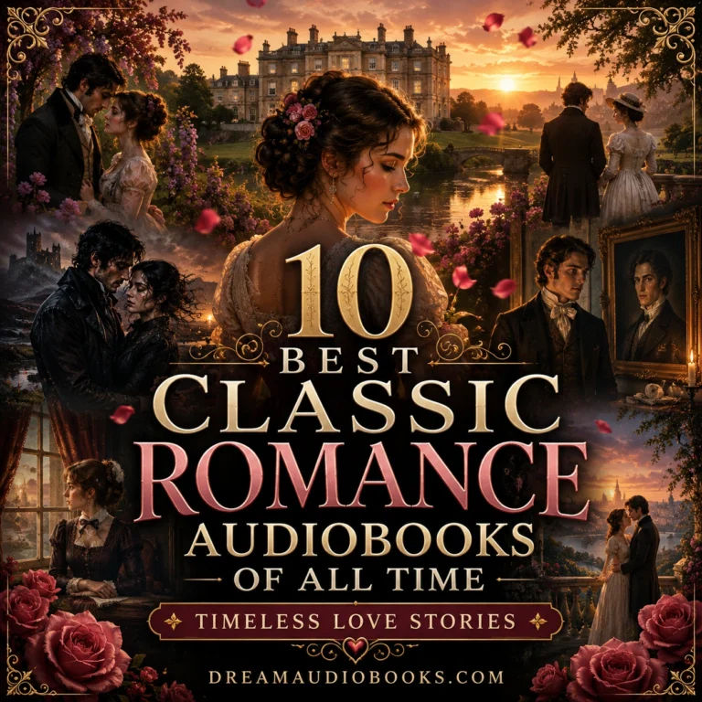 10 Best Classic Romance Audiobooks of All Time cover featuring Victorian couples, grand manor houses, romantic gardens, and timeless love stories inspired by Jane Eyre, Pride and Prejudice, Wuthering Heights, and Persuasion.
