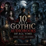 10 Best Gothic Audiobooks of All Time cover featuring Dracula, Frankenstein, Carmilla, haunted mansions, ghosts, vampires, and gothic horror classics.