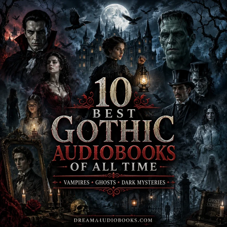 10 Best Gothic Audiobooks of All Time cover featuring Dracula, Frankenstein, Carmilla, haunted mansions, ghosts, vampires, and gothic horror classics.