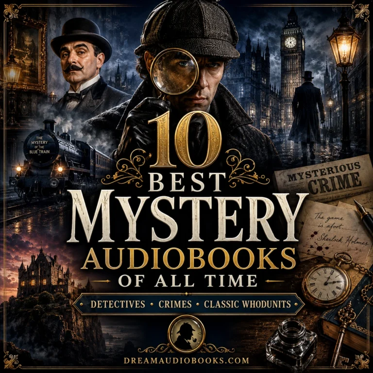 10 Best Mystery Audiobooks of All Time cover featuring Sherlock Holmes, Hercule Poirot, Victorian London, detective clues, steam train mysteries, and classic crime stories.