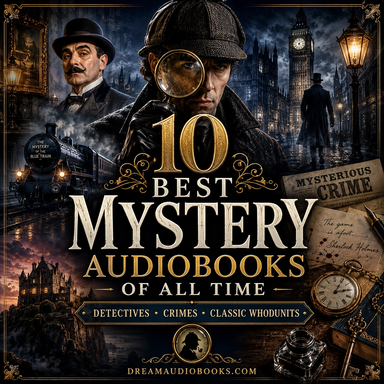 10 Best Mystery Audiobooks of All Time cover featuring Sherlock Holmes, Hercule Poirot, Victorian London, detective clues, steam train mysteries, and classic crime stories.