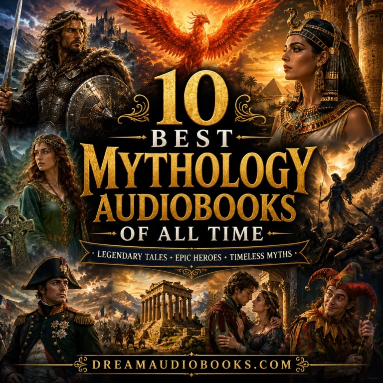 10 Best Mythology Audiobooks of All Time cover featuring Beowulf, Cleopatra, Deirdre, a phoenix, ancient temples, legendary heroes, and mythological adventures.