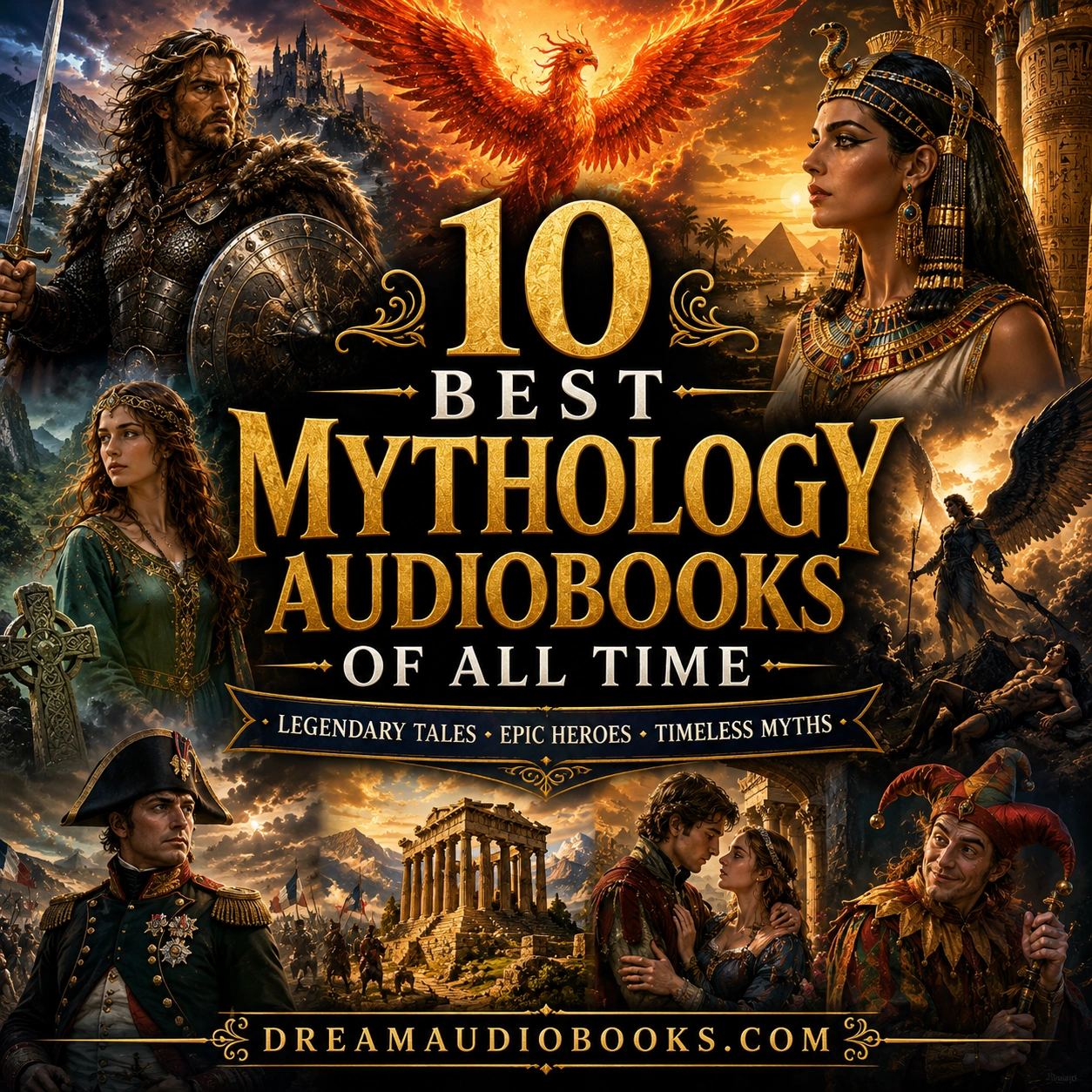 10 Best Mythology Audiobooks of All Time cover featuring Beowulf, Cleopatra, Deirdre, a phoenix, ancient temples, legendary heroes, and mythological adventures.