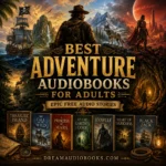 Best Adventure Audiobooks for Adults cover featuring explorers, pirate islands, wilderness adventures, and classic audiobook stories.