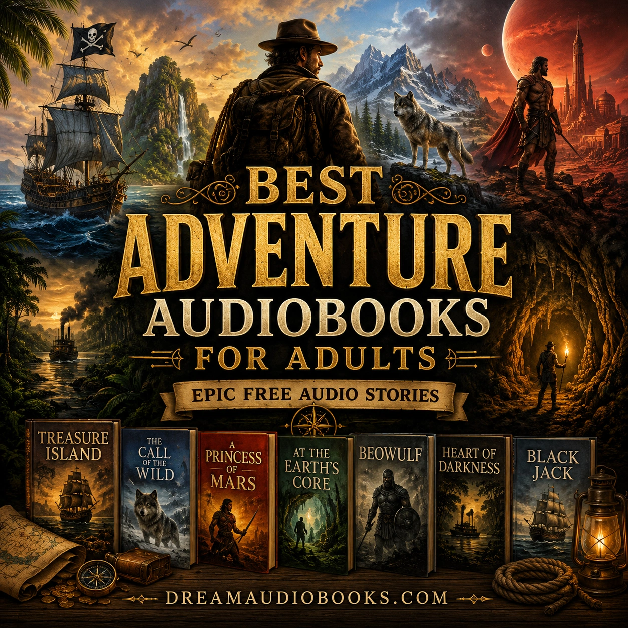 Best Adventure Audiobooks for Adults cover featuring explorers, pirate islands, wilderness adventures, and classic audiobook stories.