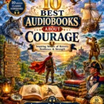 10 Best Audiobooks About Courage cover featuring a heroic adventurer standing on a mountain cliff, a sailing ship in a storm, a wolf, a distant castle, and classic adventure audiobooks.