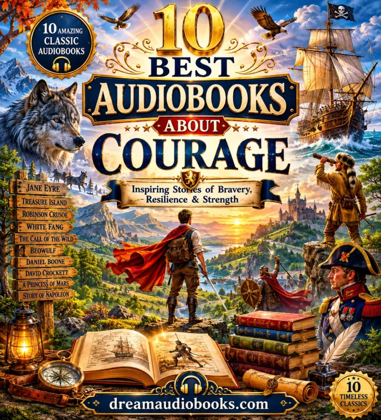 10 Best Audiobooks About Courage cover featuring a heroic adventurer standing on a mountain cliff, a sailing ship in a storm, a wolf, a distant castle, and classic adventure audiobooks.