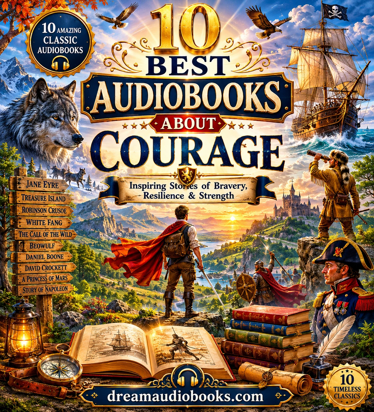 10 Best Audiobooks About Courage cover featuring a heroic adventurer standing on a mountain cliff, a sailing ship in a storm, a wolf, a distant castle, and classic adventure audiobooks.