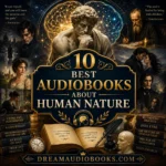 Best Audiobooks About Human Nature cover featuring a classical thinker statue, psychology themes, Crime and Punishment, Jane Eyre, Wuthering Heights, and other classic works exploring human behavior.