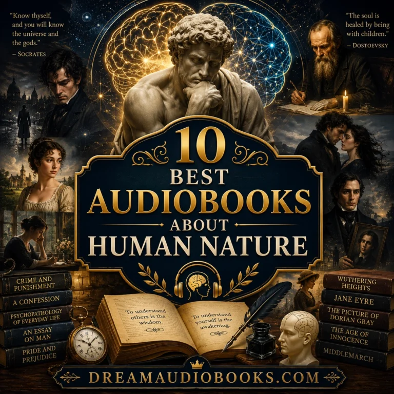 Best Audiobooks About Human Nature cover featuring a classical thinker statue, psychology themes, Crime and Punishment, Jane Eyre, Wuthering Heights, and other classic works exploring human behavior.