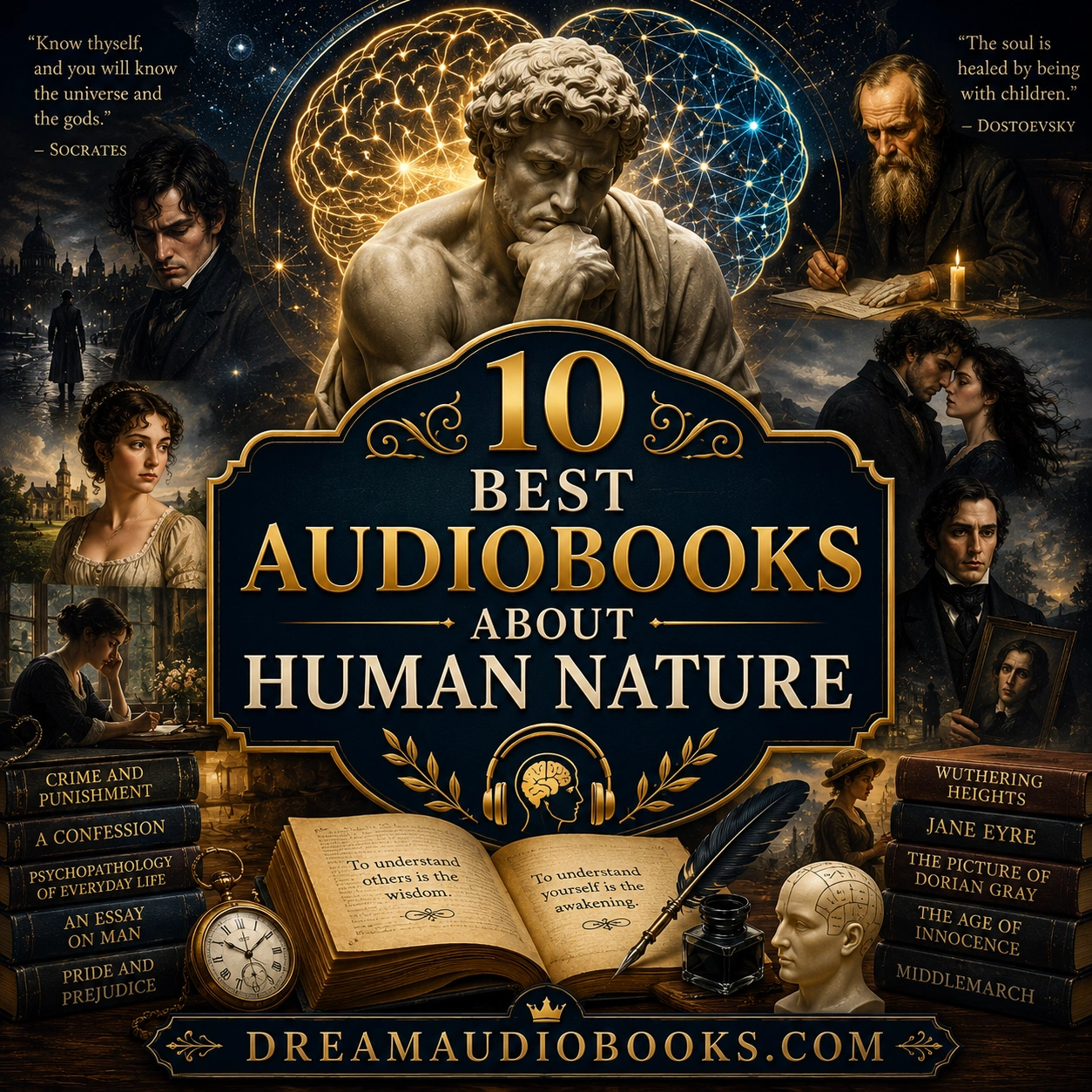 Best Audiobooks About Human Nature cover featuring a classical thinker statue, psychology themes, Crime and Punishment, Jane Eyre, Wuthering Heights, and other classic works exploring human behavior.