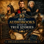 Best Audiobooks Based on True Stories cover featuring Napoleon Bonaparte, Cleopatra, Albert Einstein, historical maps, manuscripts, and famous real-life figures.