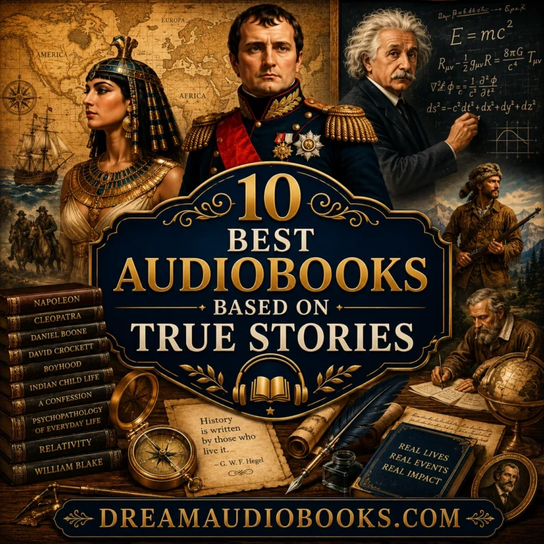 Best Audiobooks Based on True Stories cover featuring Napoleon Bonaparte, Cleopatra, Albert Einstein, historical maps, manuscripts, and famous real-life figures.