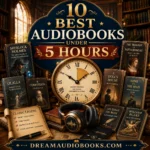 10 Best Audiobooks Under 5 Hours cover featuring a vintage clock, headphones, classic books, and a cozy library setting for short audiobook recommendations.