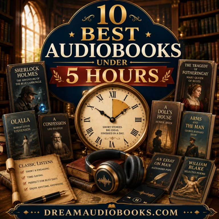 10 Best Audiobooks Under 5 Hours cover featuring a vintage clock, headphones, classic books, and a cozy library setting for short audiobook recommendations.