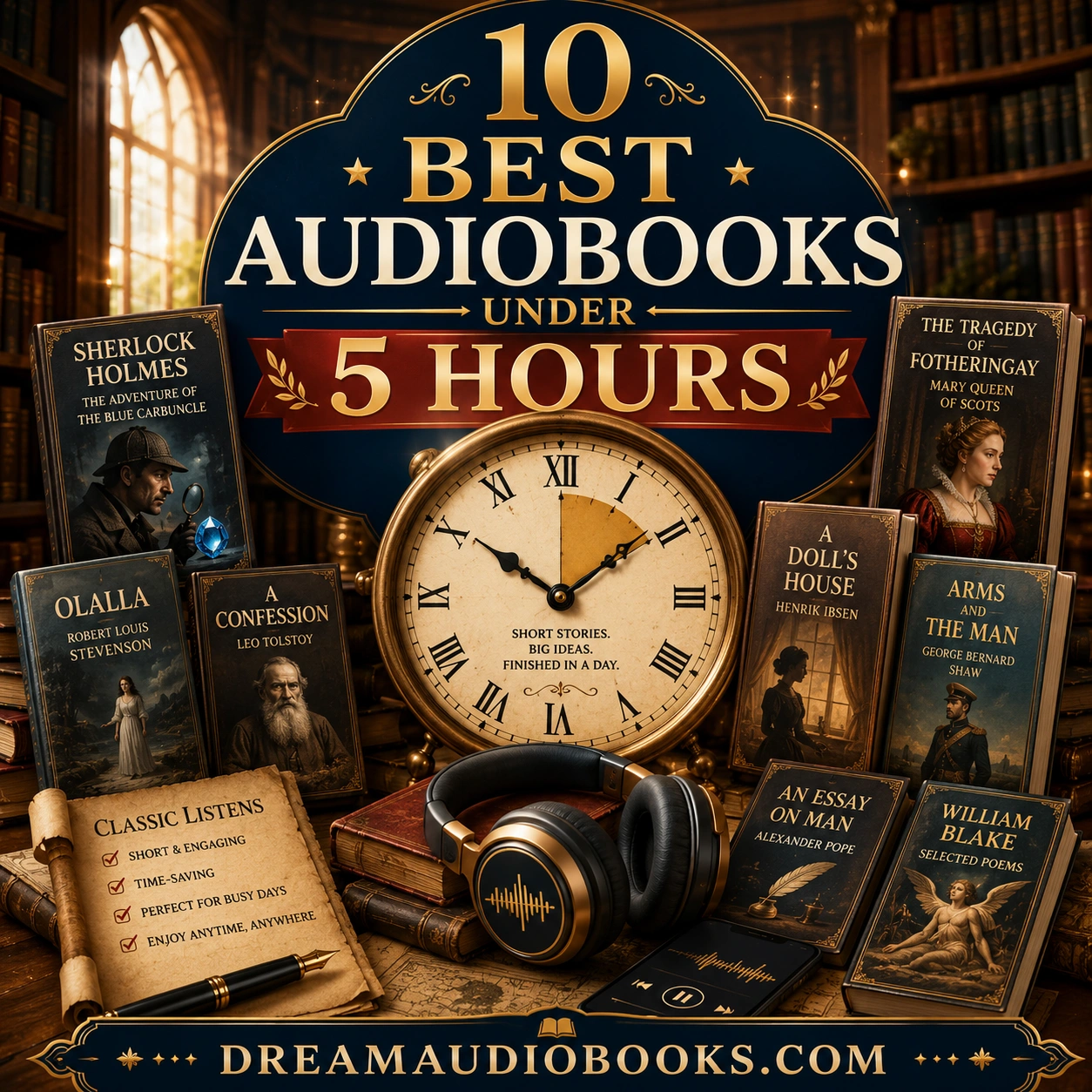 10 Best Audiobooks Under 5 Hours cover featuring a vintage clock, headphones, classic books, and a cozy library setting for short audiobook recommendations.