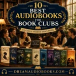 Best Audiobooks for Book Clubs cover featuring readers discussing classic books in a library with Pride and Prejudice, The Great Gatsby, Jane Eyre, Wuthering Heights, and other literary classics.