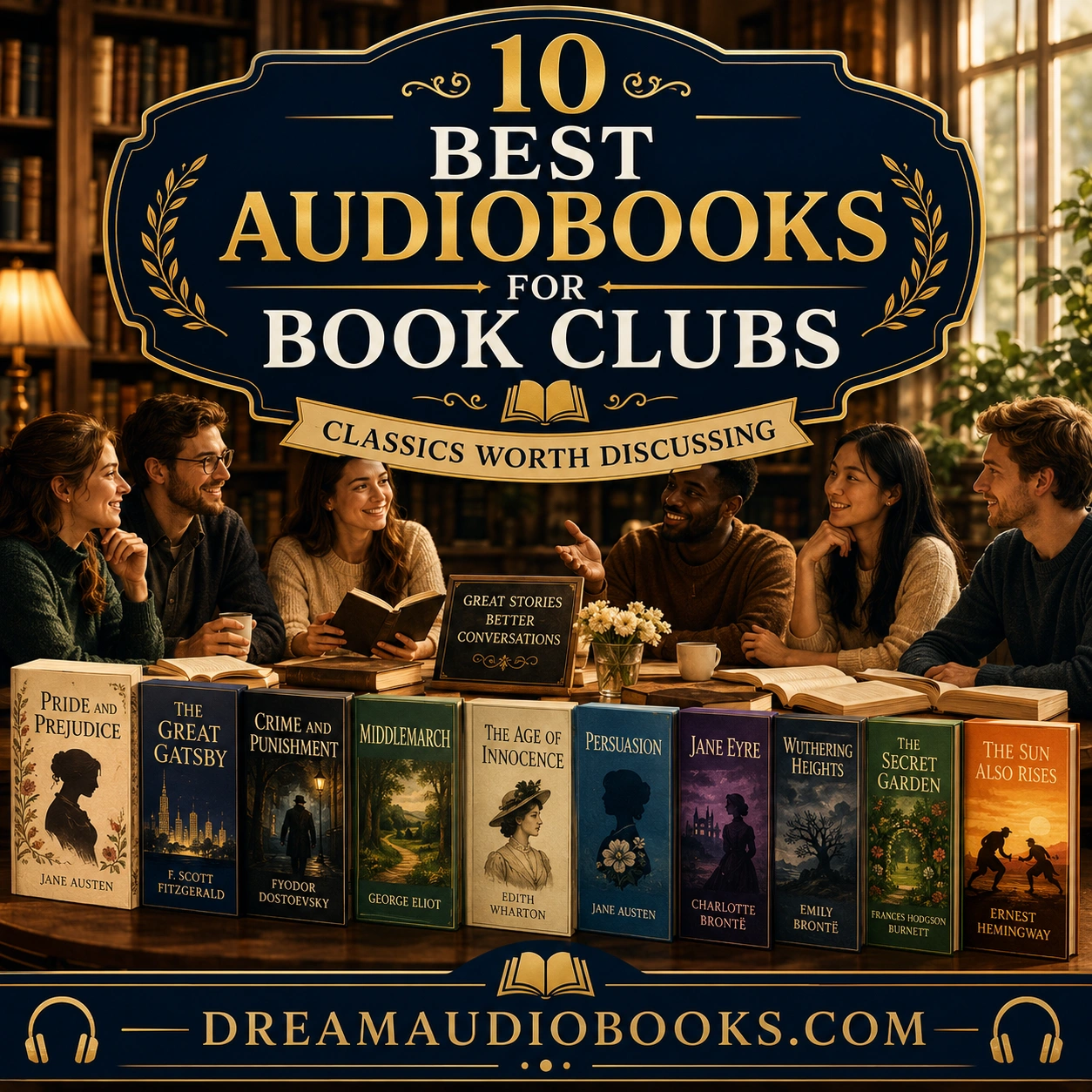 Best Audiobooks for Book Clubs cover featuring readers discussing classic books in a library with Pride and Prejudice, The Great Gatsby, Jane Eyre, Wuthering Heights, and other literary classics.
