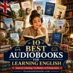 Best Audiobooks for Learning English cover featuring a student listening to audiobooks surrounded by classic books including The Secret Garden, Anne of Avonlea, Peter Pan, Treasure Island, and Pride and Prejudice.