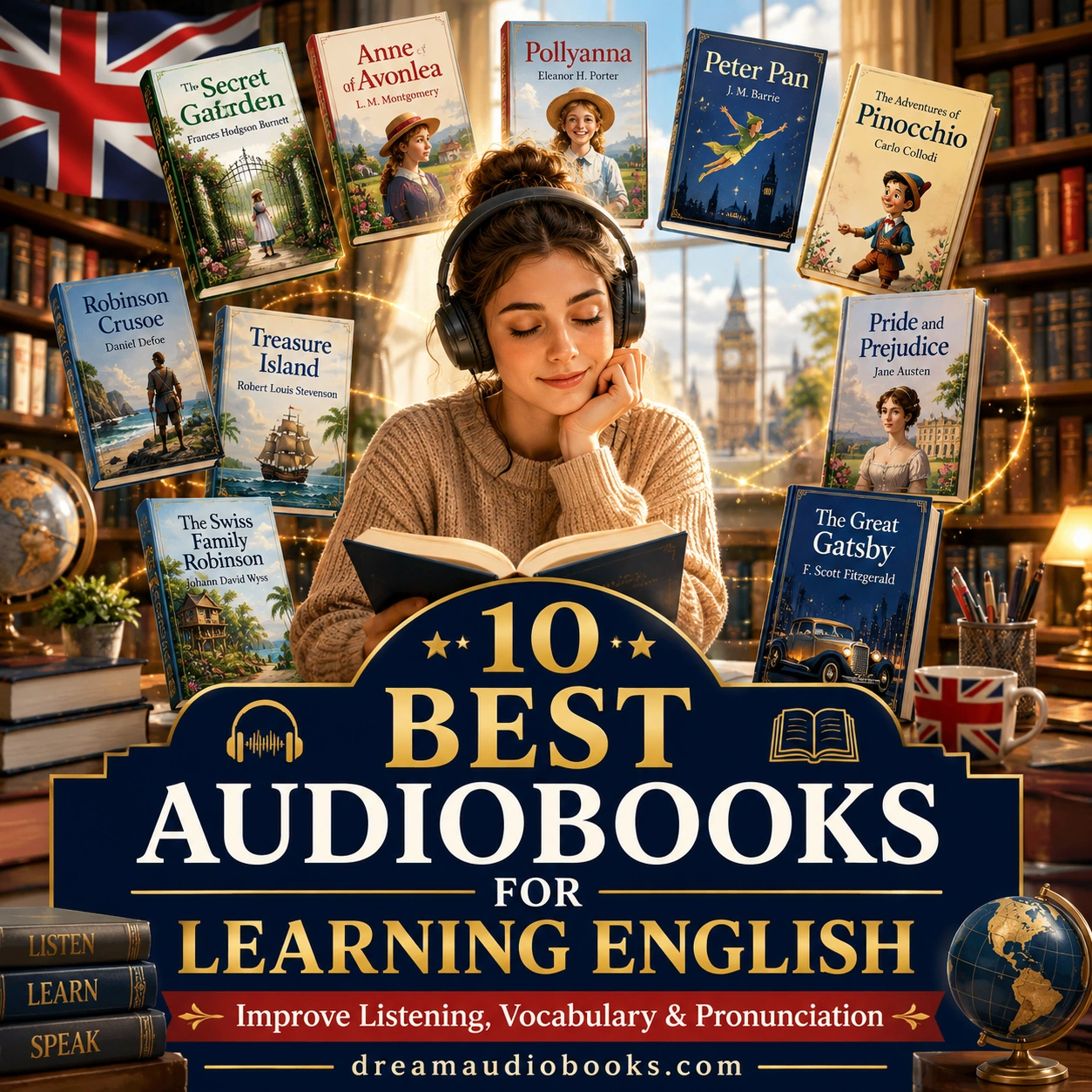 Best Audiobooks for Learning English cover featuring a student listening to audiobooks surrounded by classic books including The Secret Garden, Anne of Avonlea, Peter Pan, Treasure Island, and Pride and Prejudice.