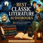 Best Classic Literature Audiobooks cartoon cover featuring classic books, headphones, a sailing ship, gothic castle, romantic couple, detective, and storybook illustrations.