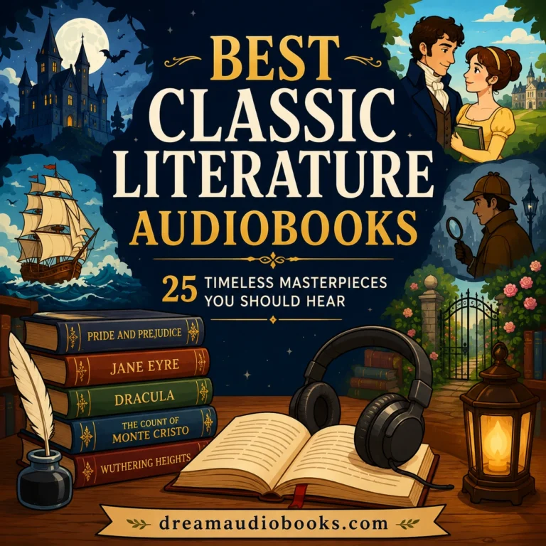 Best Classic Literature Audiobooks cartoon cover featuring classic books, headphones, a sailing ship, gothic castle, romantic couple, detective, and storybook illustrations.