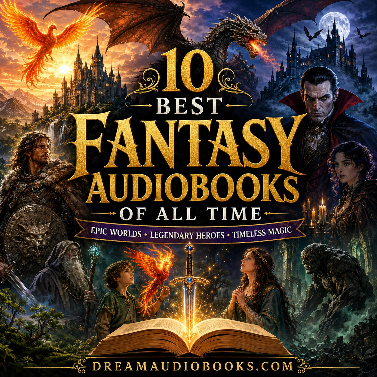 10 Best Fantasy Audiobooks of All Time cover featuring dragons, phoenixes, castles, legendary heroes, vampires, magical worlds, and classic fantasy adventures.