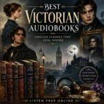 Best Victorian Audiobooks cover featuring classic Victorian literary characters, gothic architecture, vintage books, and audiobook listening elements.
