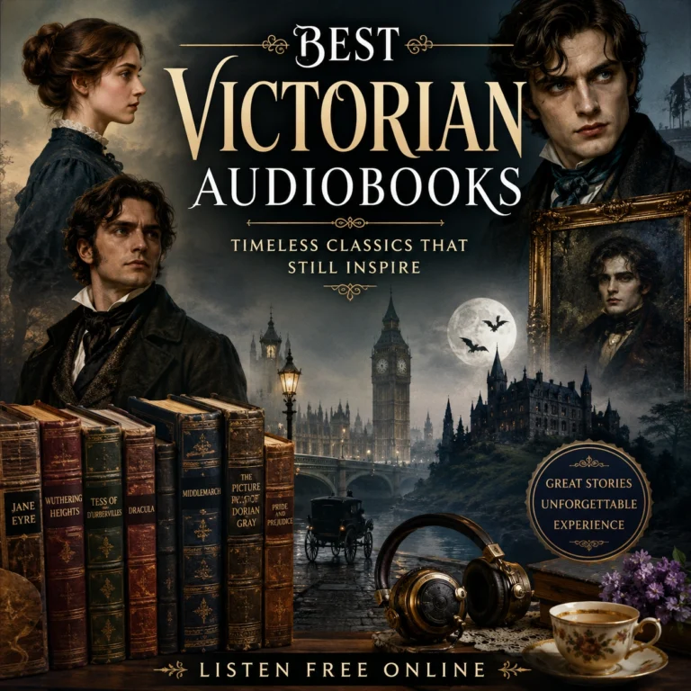 Best Victorian Audiobooks cover featuring classic Victorian literary characters, gothic architecture, vintage books, and audiobook listening elements.