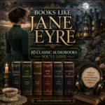 Books Like Jane Eyre cover featuring a Victorian heroine, gothic manor house, classic literature audiobooks, and romantic Victorian atmosphere.