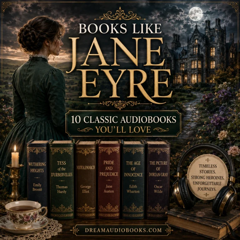 Books Like Jane Eyre cover featuring a Victorian heroine, gothic manor house, classic literature audiobooks, and romantic Victorian atmosphere.