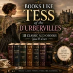 Books Like Tess of the d'Urbervilles cover featuring Victorian novels, classic literature, gothic manor house, and audiobook collection.