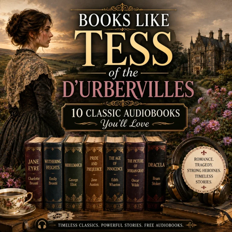 Books Like Tess of the d'Urbervilles cover featuring Victorian novels, classic literature, gothic manor house, and audiobook collection.