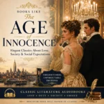 Books Like The Age of Innocence cover featuring an elegant Gilded Age ballroom, Victorian couple, grand chandeliers, and classic literature themes of love, society, and social expectations.