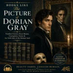 Books Like The Picture of Dorian Gray cover featuring a handsome Victorian gentleman, a corrupted portrait, gothic atmosphere, candlelight, and classic literature themes of beauty, desire, and moral decay.