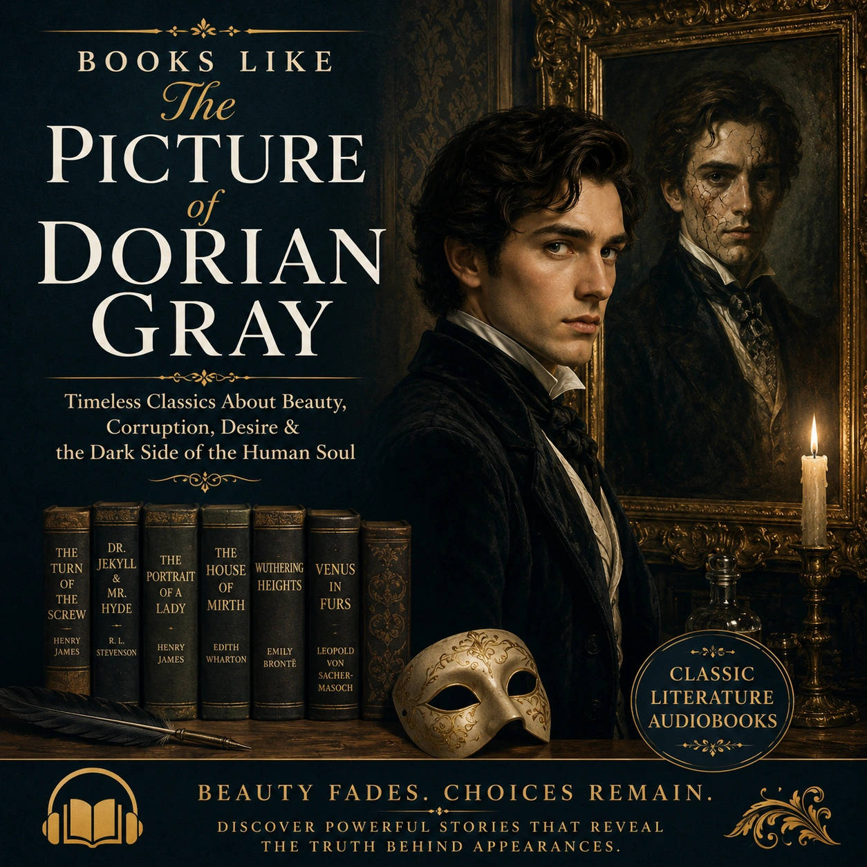 Books Like The Picture of Dorian Gray cover featuring a handsome Victorian gentleman, a corrupted portrait, gothic atmosphere, candlelight, and classic literature themes of beauty, desire, and moral decay.
