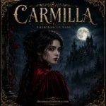 Carmilla audiobook cover featuring a mysterious gothic woman in a red Victorian dress, a moonlit castle, and dark vampire atmosphere inspired by Sheridan Le Fanu's classic novel.