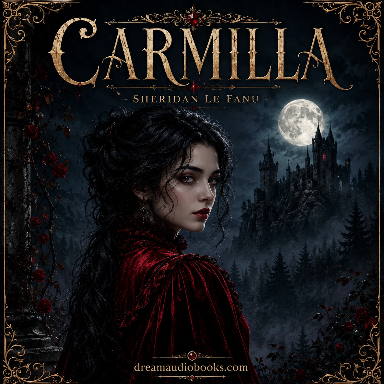 Carmilla audiobook cover featuring a mysterious gothic woman in a red Victorian dress, a moonlit castle, and dark vampire atmosphere inspired by Sheridan Le Fanu's classic novel.