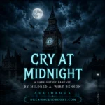 The Cry at Midnight audiobook cover featuring a gothic clock tower at midnight under a full moon with dark clouds and mysterious atmosphere.