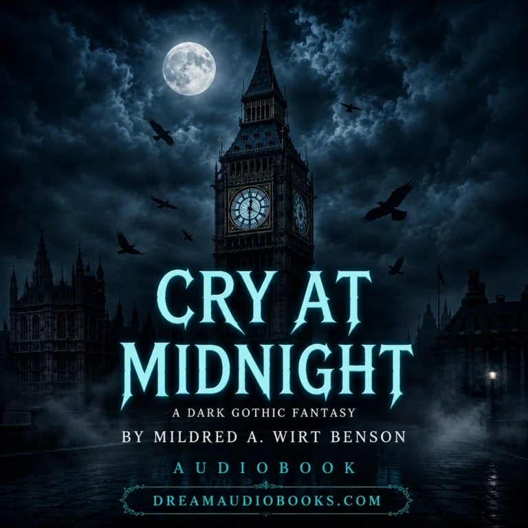 The Cry at Midnight audiobook cover featuring a gothic clock tower at midnight under a full moon with dark clouds and mysterious atmosphere.