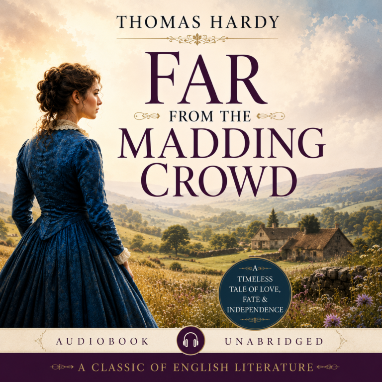 Far From the Madding Crowd audiobook cover featuring Bathsheba Everdene overlooking the English countryside in a square 1:1 format.