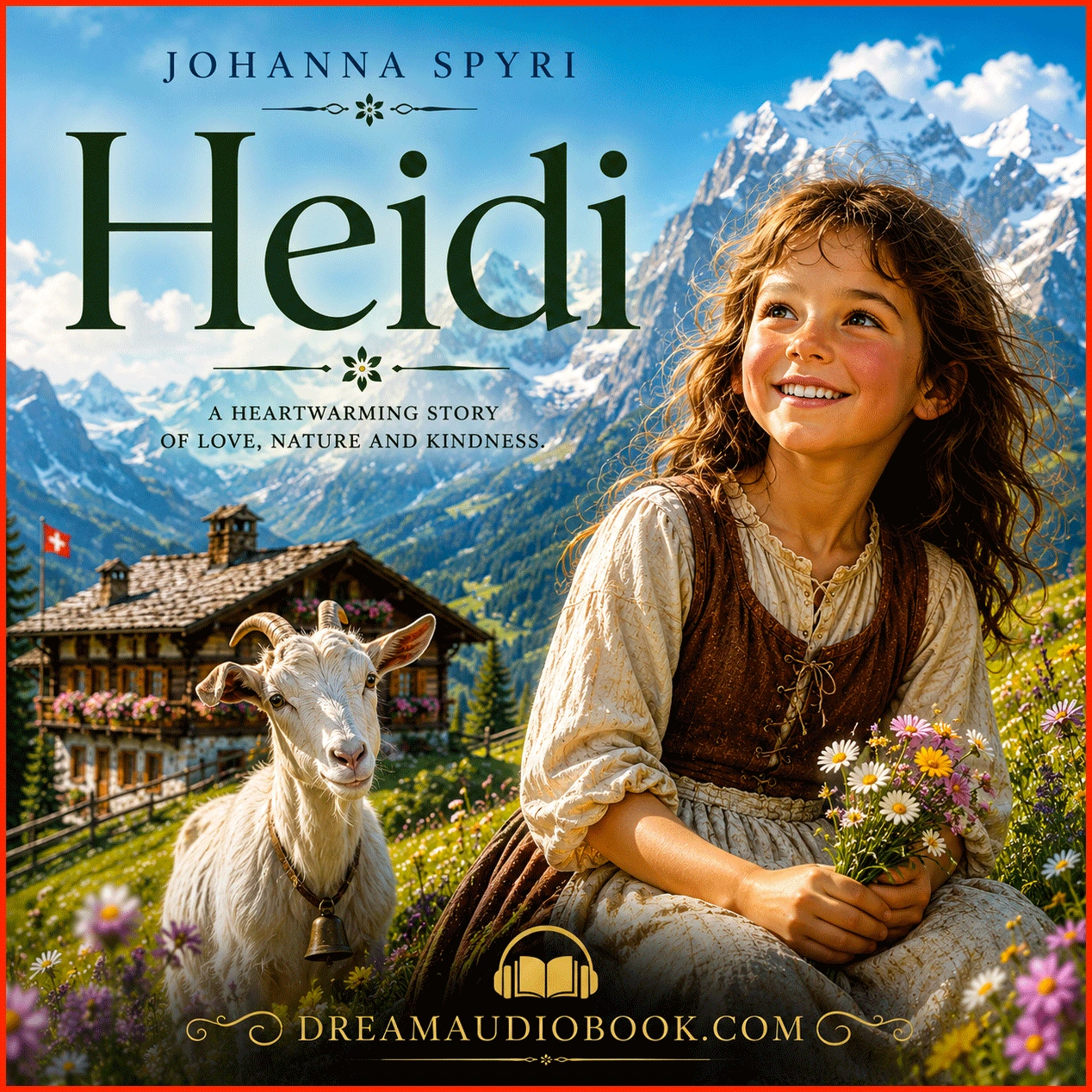 Heidi by Johanna Spyri audiobook cover featuring Heidi in the Swiss Alps with a mountain goat and alpine scenery