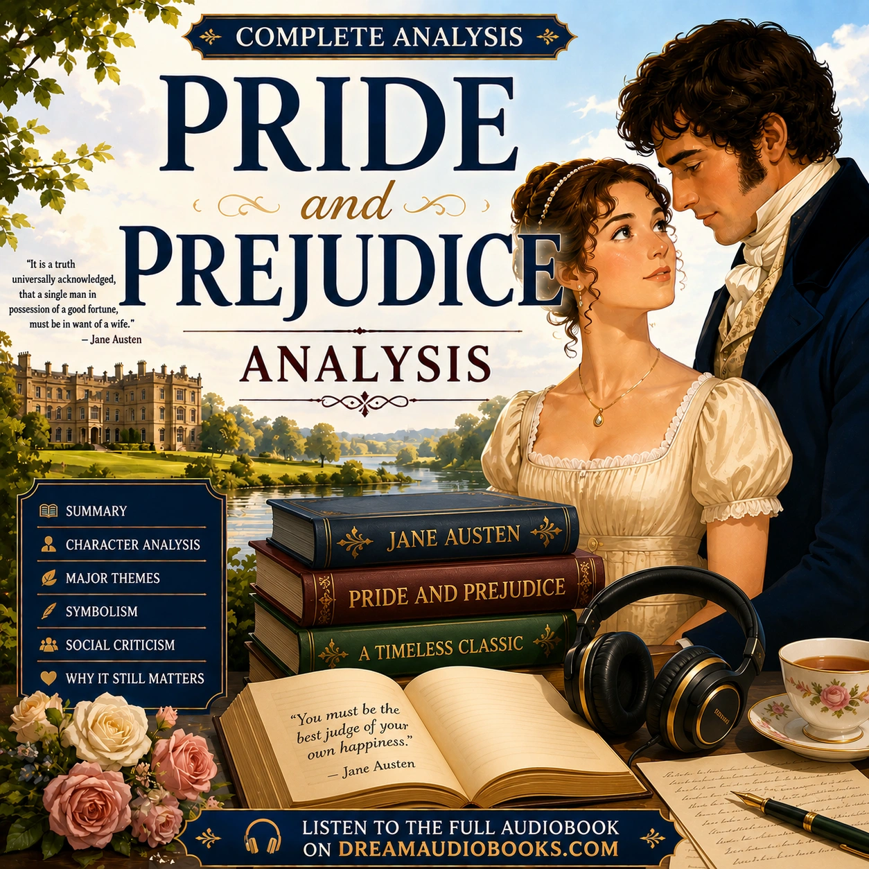 Pride and Prejudice Analysis cover featuring Elizabeth Bennet and Mr. Darcy, a Regency manor house, classic books, and audiobook headphones.