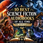 Best Science Fiction Audiobooks of All Time cover featuring A Princess of Mars, The Invisible Man, Frankenstein, Dracula, and classic sci-fi adventures