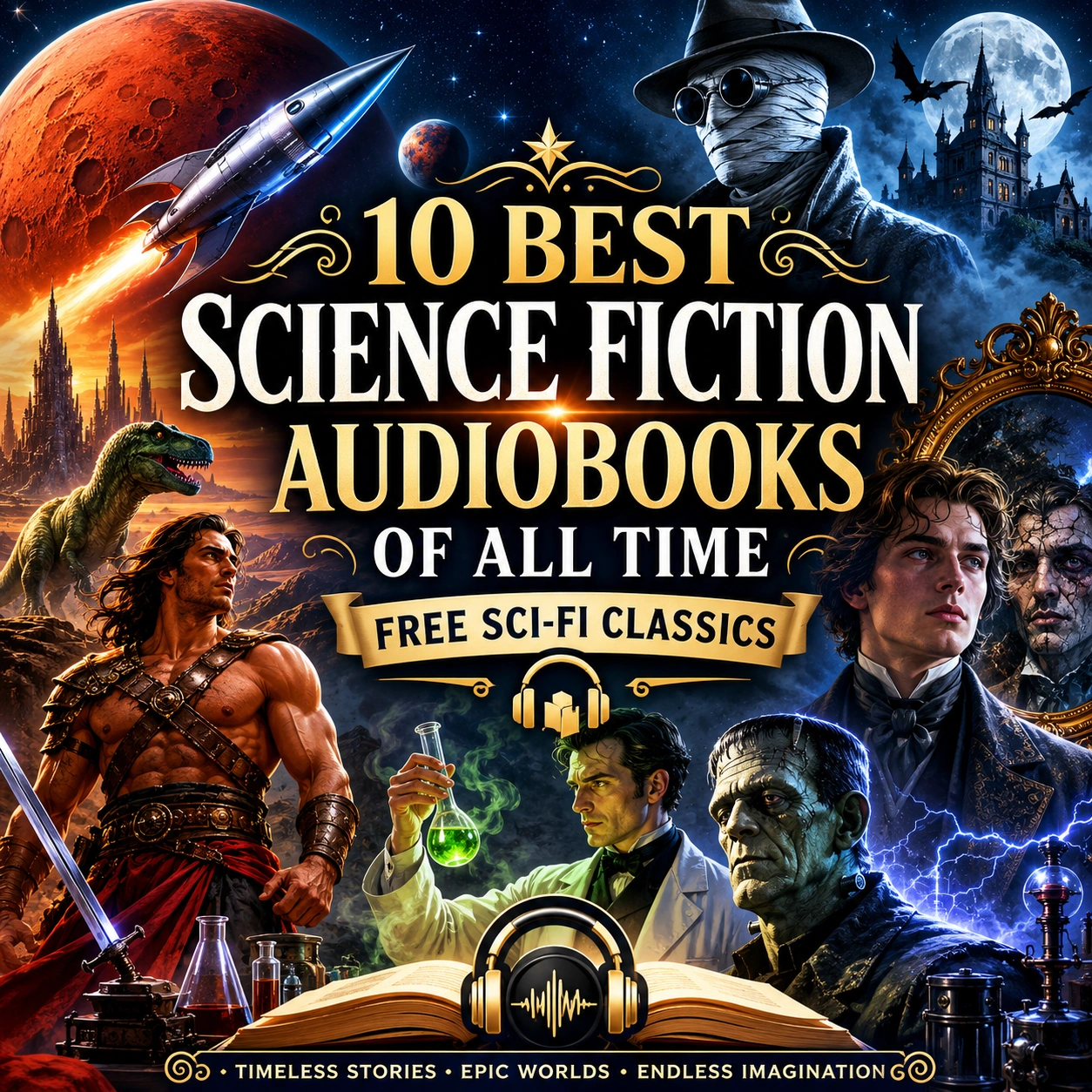 Best Science Fiction Audiobooks of All Time cover featuring A Princess of Mars, The Invisible Man, Frankenstein, Dracula, and classic sci-fi adventures